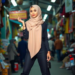 An Indonesian woman confidently posing, wearing a stylish hijab that elegantly frames her face, paired with a fashionable outfit that includes black panties and striking high heels