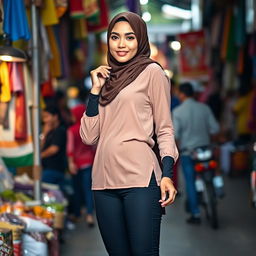 An Indonesian woman confidently posing, wearing a stylish hijab that elegantly frames her face, paired with a fashionable outfit that includes black panties and striking high heels