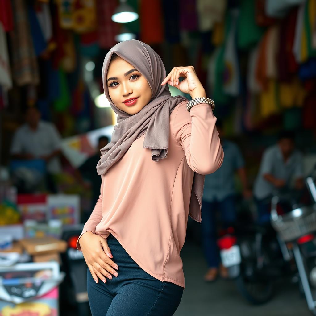 An Indonesian woman confidently posing, wearing a stylish hijab that elegantly frames her face, paired with a fashionable outfit that includes black panties and striking high heels