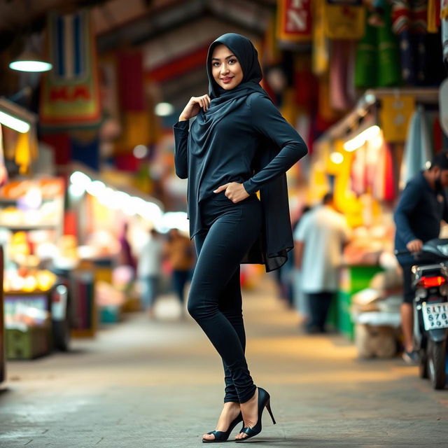 An Indonesian woman confidently posing, wearing a stylish hijab that elegantly frames her face, paired with a fashionable outfit that includes black panties and striking high heels