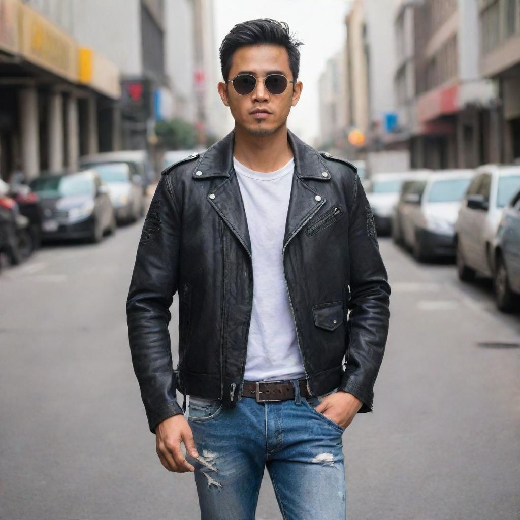 A handsome Indonesian man with short black hair, wearing sunglasses and a leather jacket, ripped jeans and boots, standing on a busy downtown street.