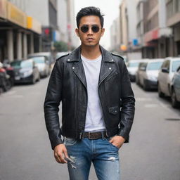 A handsome Indonesian man with short black hair, wearing sunglasses and a leather jacket, ripped jeans and boots, standing on a busy downtown street.