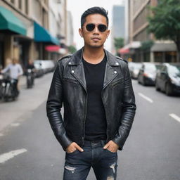 A handsome Indonesian man with short black hair, wearing sunglasses and a leather jacket, ripped jeans and boots, standing on a busy downtown street.