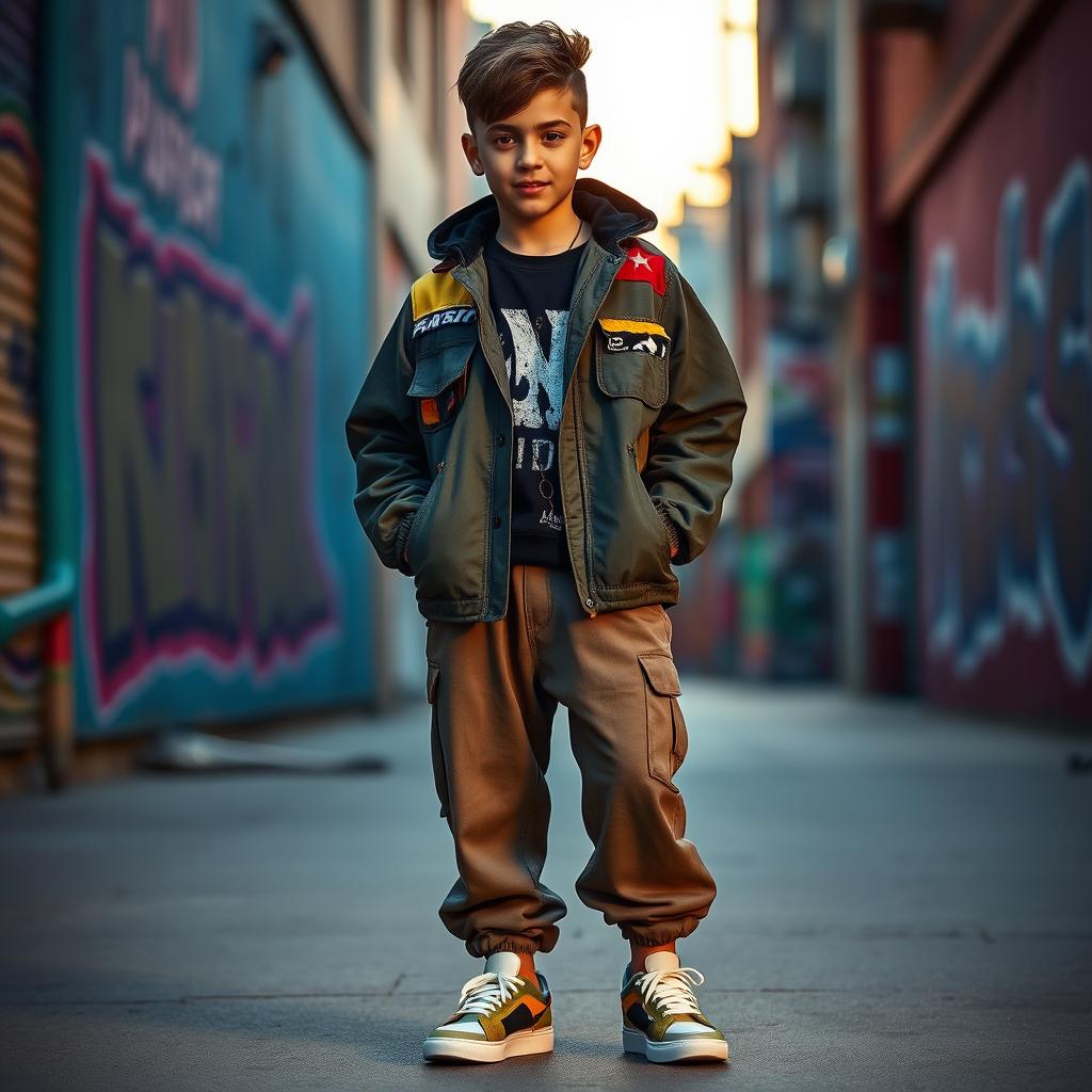 A stylish photo of a boy standing confidently in a vibrant urban setting