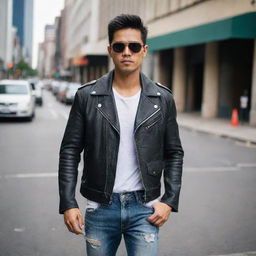 A handsome Indonesian man with short black hair, wearing sunglasses and a leather jacket, ripped jeans and boots, standing on a busy downtown street.