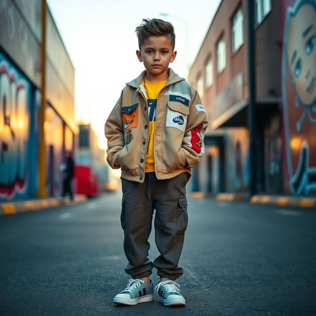 A stylish photo of a boy standing confidently in a vibrant urban setting