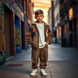 A stylish photo of a boy standing confidently in a vibrant urban setting