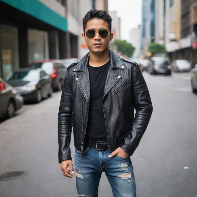 A handsome Indonesian man with short black hair, wearing sunglasses and a leather jacket, ripped jeans and boots, standing on a busy downtown street.