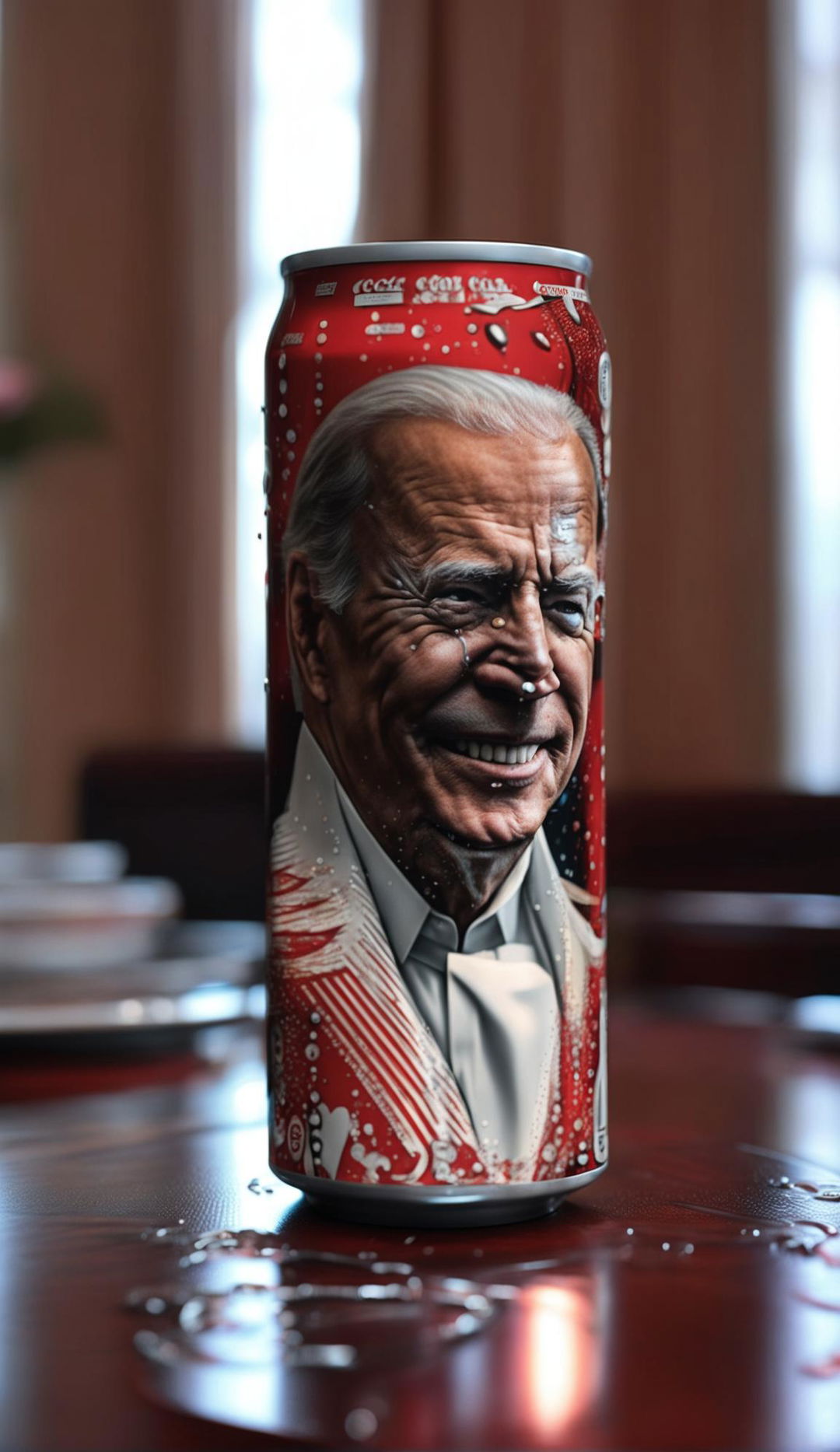 A photorealistic can of Coca-Cola featuring Joe Biden's face sits on a polished mahogany dining table, surrounded by fine china and silverware under soft, dramatic lighting.