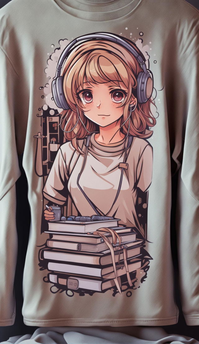 A heather grey t-shirt featuring a small anime-style design of the lofi girl studying at her desk on its chest.