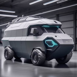 A futuristic military van presenting technologically advanced equipment, sturdy armored exterior, and streamlined design.