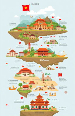 A beautifully illustrated timeline of Vietnamese history spanning from ancient times to the present, including key events such as the founding of the nation, the Ly and Tran dynasties, Vietnam's struggle for independence, and its cultural heritage
