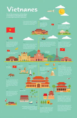 A beautifully illustrated timeline of Vietnamese history spanning from ancient times to the present, including key events such as the founding of the nation, the Ly and Tran dynasties, Vietnam's struggle for independence, and its cultural heritage