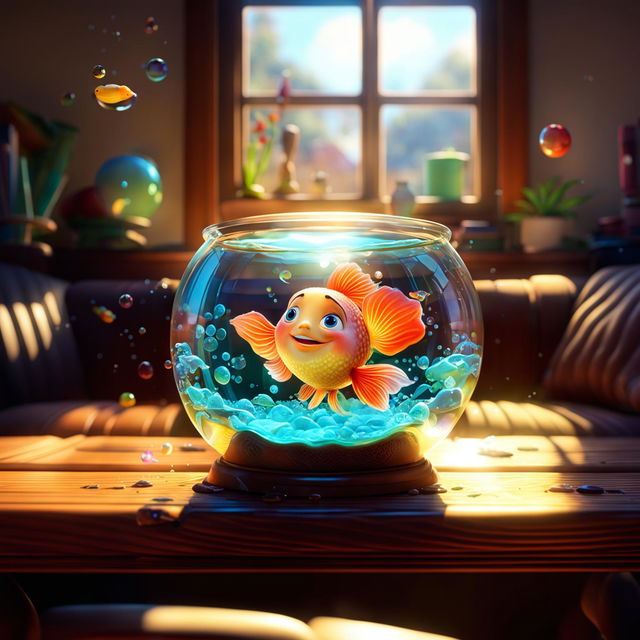 A quintessential Pixar scene featuring an irresistibly charming goldfish in a sunlit cozy living room, filled with Pixar's magical charm.