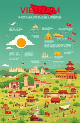 A beautifully illustrated timeline of Vietnamese history spanning from ancient times to the present, including key events such as the founding of the nation, the Ly and Tran dynasties, Vietnam's struggle for independence, and its cultural heritage