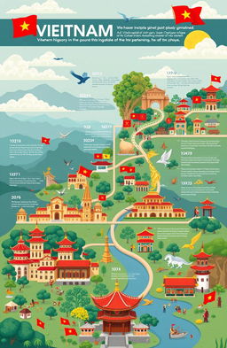A beautifully illustrated timeline of Vietnamese history spanning from ancient times to the present, including key events such as the founding of the nation, the Ly and Tran dynasties, Vietnam's struggle for independence, and its cultural heritage