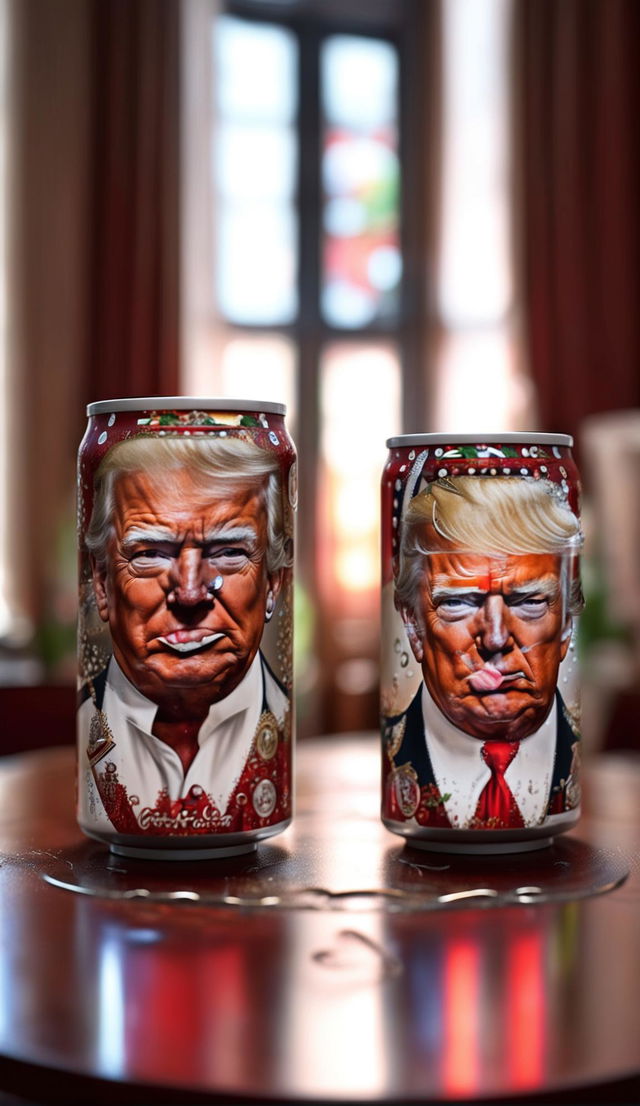 Photorealistic cans of Coca-Cola featuring Joe Biden's and Donald Trump's faces sit side by side on a polished mahogany dining table, surrounded by fine china and silverware under soft, dramatic lighting.