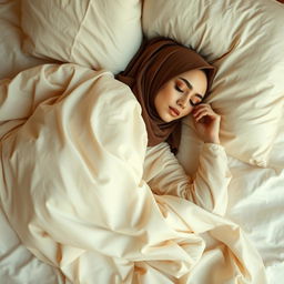 A serene and artistic portrayal of a hijab-wearing woman lying gracefully on a luxurious bed, enveloped in soft, flowing bed linens