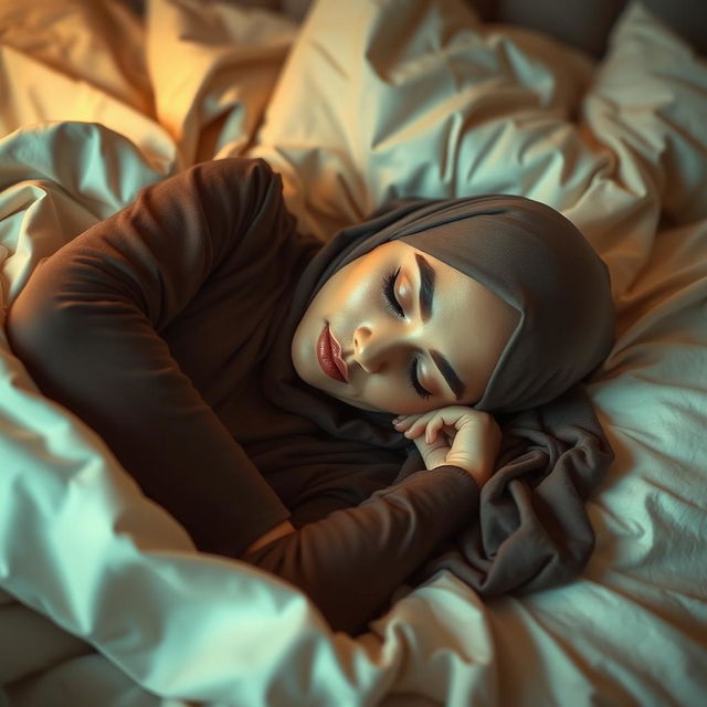 A serene and artistic portrayal of a hijab-wearing woman lying gracefully on a luxurious bed, enveloped in soft, flowing bed linens