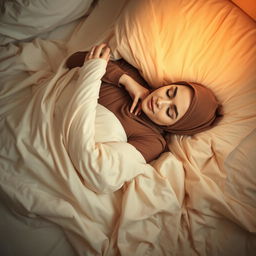 A serene and artistic portrayal of a hijab-wearing woman lying gracefully on a luxurious bed, enveloped in soft, flowing bed linens