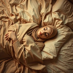 A serene and artistic portrayal of a hijab-wearing woman lying gracefully on a luxurious bed, enveloped in soft, flowing bed linens