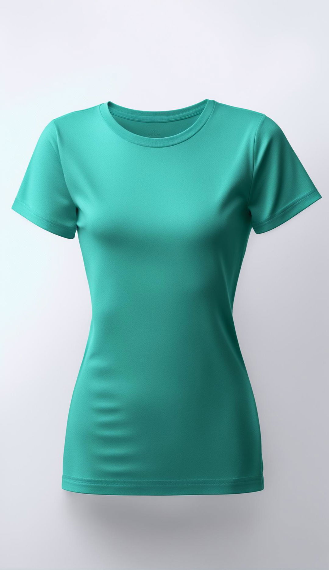 A vibrant teal t-shirt displayed on an invisible mannequin in a product editorial photograph with a stark white background.