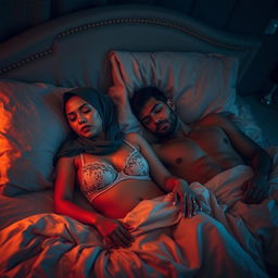 An intimate scene capturing a hijab-wearing woman peacefully sleeping in a cozy bed, adorned in a stylish bra and panties