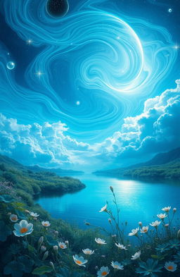 A mesmerizing dream-like landscape filled with swirling blue hues, clouds drifting lazily against a starry night sky