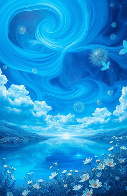 A mesmerizing dream-like landscape filled with swirling blue hues, clouds drifting lazily against a starry night sky
