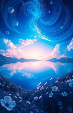 A mesmerizing dream-like landscape filled with swirling blue hues, clouds drifting lazily against a starry night sky