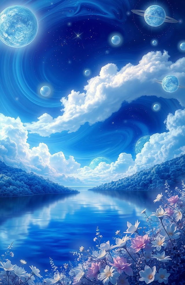 A mesmerizing dream-like landscape filled with swirling blue hues, clouds drifting lazily against a starry night sky