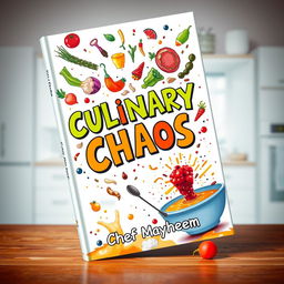 A colorful and whimsical book cover design for 'Culinary Chaos' by Chef Mayhem, featuring a dynamic and humorous illustration of flying ingredients such as vegetables, spices, and utensils swirling around in a chaotic yet playful manner