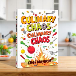 A colorful and whimsical book cover design for 'Culinary Chaos' by Chef Mayhem, featuring a dynamic and humorous illustration of flying ingredients such as vegetables, spices, and utensils swirling around in a chaotic yet playful manner