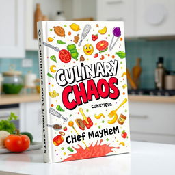 A colorful and whimsical book cover design for 'Culinary Chaos' by Chef Mayhem, featuring a dynamic and humorous illustration of flying ingredients such as vegetables, spices, and utensils swirling around in a chaotic yet playful manner