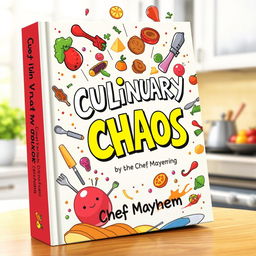 A colorful and whimsical book cover design for 'Culinary Chaos' by Chef Mayhem, featuring a dynamic and humorous illustration of flying ingredients such as vegetables, spices, and utensils swirling around in a chaotic yet playful manner