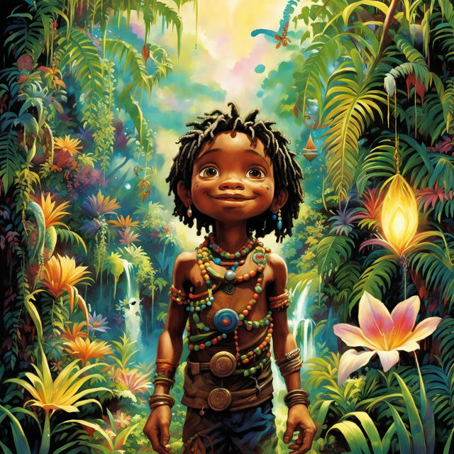 A Pixar-style image of an African tribal boy in a vibrant magical jungle filled with fantastical creatures and glowing orbs of light.