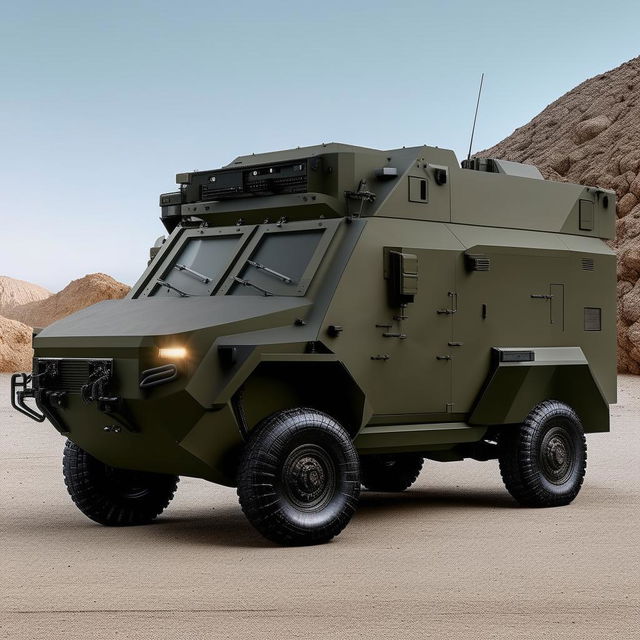 A state-of-the-art military van, illustrating cutting-edge technology, robust armored exterior, and sophisticated design features.