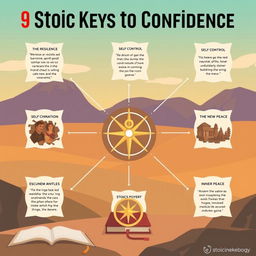 A visually engaging and inspiring infographic that showcases '9 Stoic Keys to Confidence'
