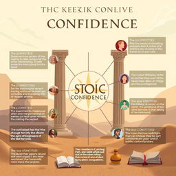 A visually engaging and inspiring infographic that showcases '9 Stoic Keys to Confidence'