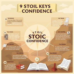A visually engaging and inspiring infographic that showcases '9 Stoic Keys to Confidence'