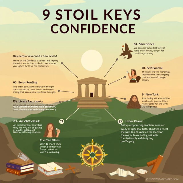 A visually engaging and inspiring infographic that showcases '9 Stoic Keys to Confidence'