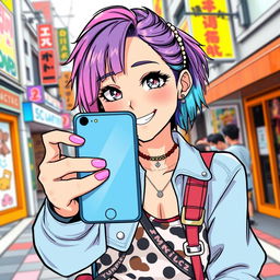 A young woman facing forward, holding a smartphone as if she's taking a selfie, depicted in a trendy modern manga style