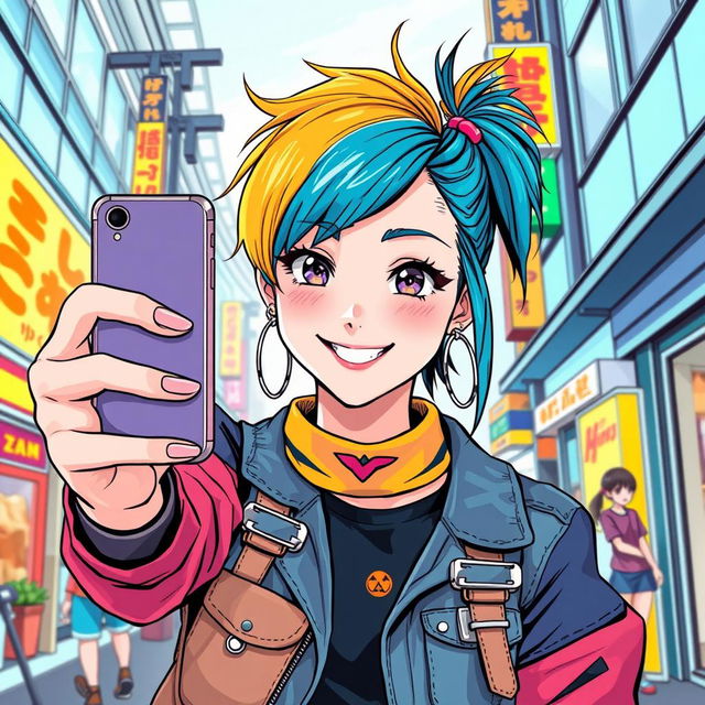 A young woman facing forward, holding a smartphone as if she's taking a selfie, depicted in a trendy modern manga style