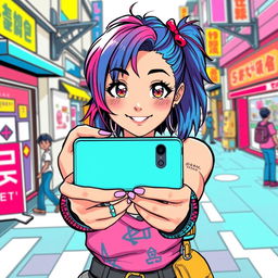 A young woman facing forward, holding a smartphone as if she's taking a selfie, depicted in a trendy modern manga style