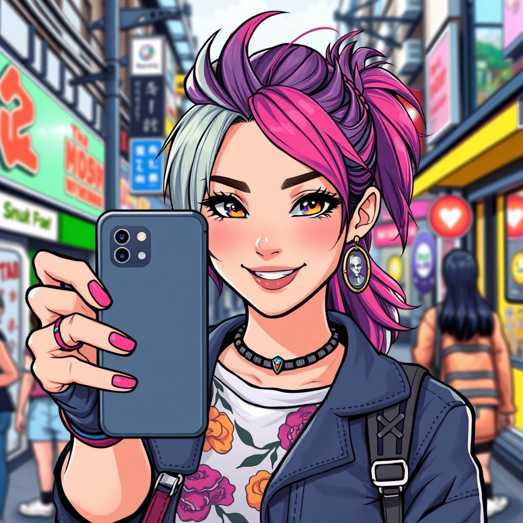 A young woman facing forward, holding a smartphone as if she's taking a selfie, depicted in a trendy modern manga style