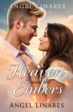A romantic book cover for 'Heaven and the Embers' by Angel Linares, featuring a handsome blond man and a beautiful brown-haired woman