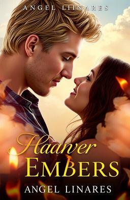 A romantic book cover for 'Heaven and the Embers' by Angel Linares, featuring a handsome blond man and a beautiful brown-haired woman