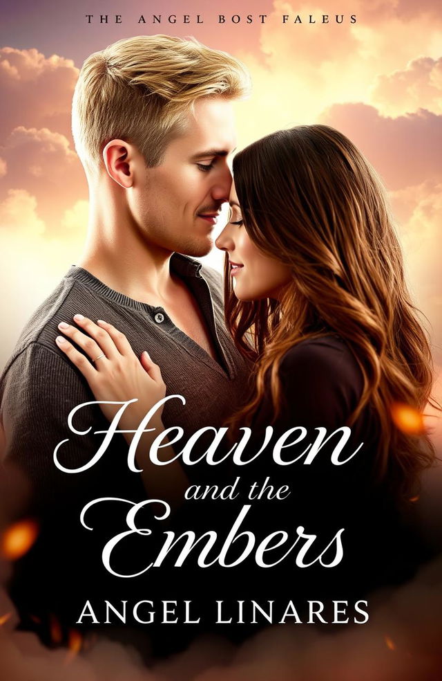 A romantic book cover for 'Heaven and the Embers' by Angel Linares, featuring a handsome blond man and a beautiful brown-haired woman