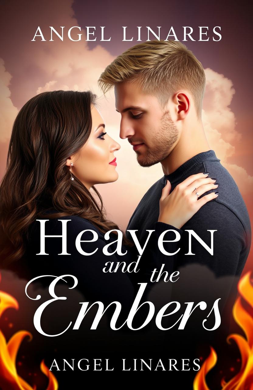 A romantic book cover for 'Heaven and the Embers' by Angel Linares, featuring a handsome blond man and a beautiful brown-haired woman