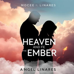 A modern, faceless romance book cover for 'Heaven and the Embers' by Angel Linares, featuring the silhouettes of a blond man and a brown-haired woman